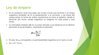 Ley de Ampere
 En un conductor recto muy largo, por el que circula una corriente i, el campo
magnético alrededor de él es perpendicular a la corriente, y las líneas del
campo toman la forma de anillos concéntricos en torno al alambre, donde la
dirección del vector campo magnético es tangente en cada punto a esas
líneas.
 Su intensidad (módulo) (B) en un punto ubicado a una distancia (r) se obtiene
aplicando la ley de Ampère, resultando la expresión:
 El valor de μ0 corresponde a la permeabilidad magnética en el vacío y es de
 4π x 10-7 Tm/A.
 