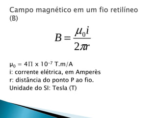 µ0 = 4∏ x 10-7 T.m/A
i: corrente elétrica, em Amperès
r: distância do ponto P ao fio.
Unidade do SI: Tesla (T)
 