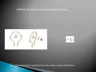 •Módulo do campo no centro da espira circular
μ é a permeabilidade magnética do meio onde a espira está imersa.
 