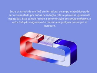 Entre os ramos de um ímã em ferradura, o campo magnético pode ser representado por linhas de indução retas e paralelas igualmente espaçadas. Este campo recebe a denominação de campo uniforme, o vetor indução magnética é o mesmo em qualquer ponto que se considere.