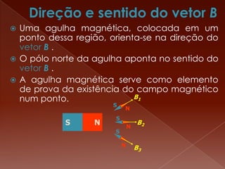 Uma agulha magnética, colocada em um
ponto dessa região, orienta-se na direção do
vetor B .
 O pólo norte da agulha aponta no sentido do
vetor B .
 A agulha magnética serve como elemento
de prova da existência do campo magnético
num ponto.
NS
N
S
N
S
N
S
B1
B2
B3
 