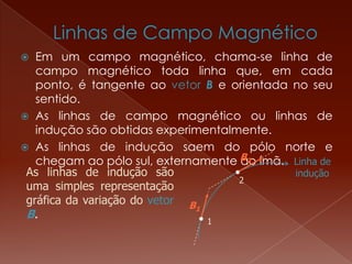 Em um campo magnético, chama-se linha de
campo magnético toda linha que, em cada
ponto, é tangente ao vetor B e orientada no seu
sentido.
 As linhas de campo magnético ou linhas de
indução são obtidas experimentalmente.
 As linhas de indução saem do pólo norte e
chegam ao pólo sul, externamente ao ímã. Linha de
indução
1
2
B2
B1
As linhas de indução são
uma simples representação
gráfica da variação do vetor
B.
 