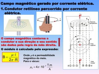 Campo magnético gerado por corrente elétrica.
1.Condutor retilíneo percorrido por corrente
elétrica.
O campo magnético contorna o
condutor e sua direção e seu sentido
são dados pela regra da mão direita.
O módulo é calculado pela expressão:
R
2
i
B





A
T.m
10
4 7


 
0
Onde  é a permeabilidade
magnética do meio.
Para o vácuo:
i
i
 