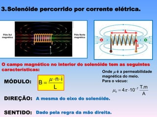 3.Solenóide percorrido por corrente elétrica.
Pólo Sul
magnético
Pólo Norte
magnético
i
O campo magnético no interior do solenóide tem as seguintes
características:
MÓDULO:
L
i
n
B




DIREÇÃO: A mesma do eixo do solenóide.
SENTIDO: Dado pela regra da mão direita.
A
T.m
10
4 7


 
0
Onde  é a permeabilidade
magnética do meio.
Para o vácuo:
L
 