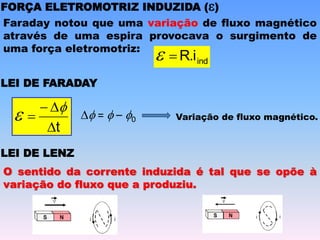 FORÇA ELETROMOTRIZ INDUZIDA (e)
Faraday notou que uma variação de fluxo magnético
através de uma espira provocava o surgimento de
uma força eletromotriz:
ind
R.i

e
LEI DE FARADAY
t




f
e f = f – f0 Variação de fluxo magnético.
LEI DE LENZ
O sentido da corrente induzida é tal que se opõe à
variação do fluxo que a produziu.
 