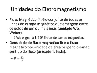 Unidades do Eletromagnetismo
• Fluxo Magnético F: é o conjunto de todas as
linhas do campo magnético que emergem entre
os polos de um ou mais ímãs (unidade Wb,
Weber).
– 1 Wb é igual a 1. 108 linhas de campo magnético.
• Densidade de fluxo magnético B: é o fluxo
magnético por unidade de área perpendicular ao
sentido do fluxo (unidade T, Tesla).
– 𝐵 =
𝜙
𝐴
 
