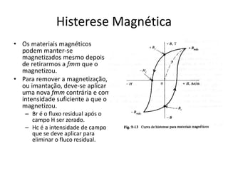 Histerese Magnética
• Os materiais magnéticos
podem manter-se
magnetizados mesmo depois
de retirarmos a fmm que o
magnetizou.
• Para remover a magnetização,
ou imantação, deve-se aplicar
uma nova fmm contrária e com
intensidade suficiente a que o
magnetizou.
– Br é o fluxo residual após o
campo H ser zerado.
– Hc é a intensidade de campo
que se deve aplicar para
eliminar o fluco residual.
 