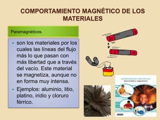 COMPORTAMIENTO MAGNÉTICO DE LOS MATERIALESParamagnéticos.son los materiales por los cuales las líneas del flujo más lo que pasan con más libertad que a través del vacío. Este material se magnetiza, aunque no en forma muy intensa. Ejemplos: aluminio, litio, platino, iridio y cloruro férrico.