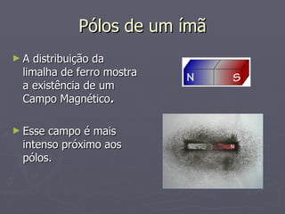 Pólos de um ímã A distribuição da limalha de ferro mostra a existência de um Campo Magnético . Esse campo é mais intenso próximo aos pólos. 