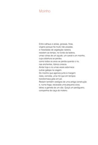 Moinho




Entre calhaus e areias, grossas, finas,
virgens porque há muito não pisadas,
e mescladas de vegetação rasteira,
resistem ao tempo, no fundo da ladeira,
umas ruínas de um açude, um canal e um moinho,
cuja cobertura se perdeu
como todos os anos se perdia quando o rio,
nas enchentes, lúbrico crescia.
Ainda hoje o rio umas vezes adormece
outras galopa na viagem.
Do moinho que agoniza junto à margem
resta, corroída, uma mó que em tempos
transformava grão em pó.
Restam também vestígios de uma antiga construção
e, numa fraga, escavada uma pequena cova,
talvez a gamela de um cão. Quiçá um perdigueiro,
companhia de caça do moleiro.
 