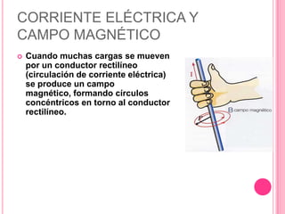 Cuando muchas cargas se mueven por un conductor rectilíneo (circulación de corriente eléctrica) se produce un campo magnético, formando círculos concéntricos en torno al conductor rectilíneo.CORRIENTE ELÉCTRICA Y CAMPO MAGNÉTICO