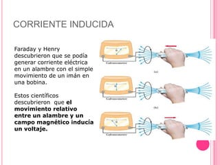 CORRIENTE INDUCIDAFaraday y Henry descubrieron que se podía generar corriente eléctrica en un alambre con el simple movimiento de un imán en una bobina. Estos científicos descubrieron  que el movimiento relativo entre un alambre y un campo magnético inducía un voltaje.