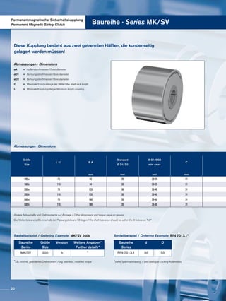Permanentmagnetische Sicherheitskupplung
Permanent Magnetic Safety Clutch Baureihe · Series MK/SV
Größe
Size
L ±1 Ø A
Standard
Ø D1; D2
Ø D1/ØD2
min - max
C
mm mm mm mm
100 a 75 94 20 20-25 31
100 b 115 94 20 20-25 31
200 a 75 129 30 20-40 31
200 b 115 129 30 20-40 31
500 a 75 189 35 20-40 31
500 b 115 189 35 20-40 31
Diese Kupplung besteht aus zwei getrennten Hälften, die kundenseitig
gelagert werden müssen!
Abmessungen · Dimensions
øA	=	Außendurchmesser/Outer diameter
øD1	=	Bohrungsdurchmesser/Bore diameter
øD2	=	Bohrungsdurchmesser/Bore diameter
C	=	Maximale Einschublänge der Welle/Max. shaft rack length
L	=	Minimale Kupplungslänge/Minimum length coupling
Abmessungen · Dimensions
Andere Anbaumaße und Drehmomente auf Anfrage / Other dimensions and torque value on request
Die Wellentoleranz sollte innerhalb der Passungstoleranz h8 liegen /The shaft tolerance should be within the fit tolerance “h8”
Bestellbeispiel / Ordering Example: MK/SV 200b Bestellbeispiel / Ordering Example: RfN 7013.1*
*z.B.: rostfrei, geändertes Drehmoment / e.g. stainless, modified torque *siehe Spannsatzkatalog / see catalogue Locking Assemblies
Baureihe
Series
Größe
Size
Version Weitere Angaben*
Further details*
MK/SV 200 b *
Baureihe
Series
d D
RfN 7013.1 30 55
20
 