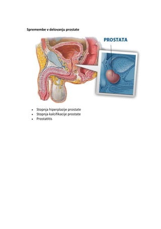 Spremembe v delovanju prostate




     Stopnja hiperplazije prostate
     Stopnja kalcifikacije prostate
     Prostatitis
 