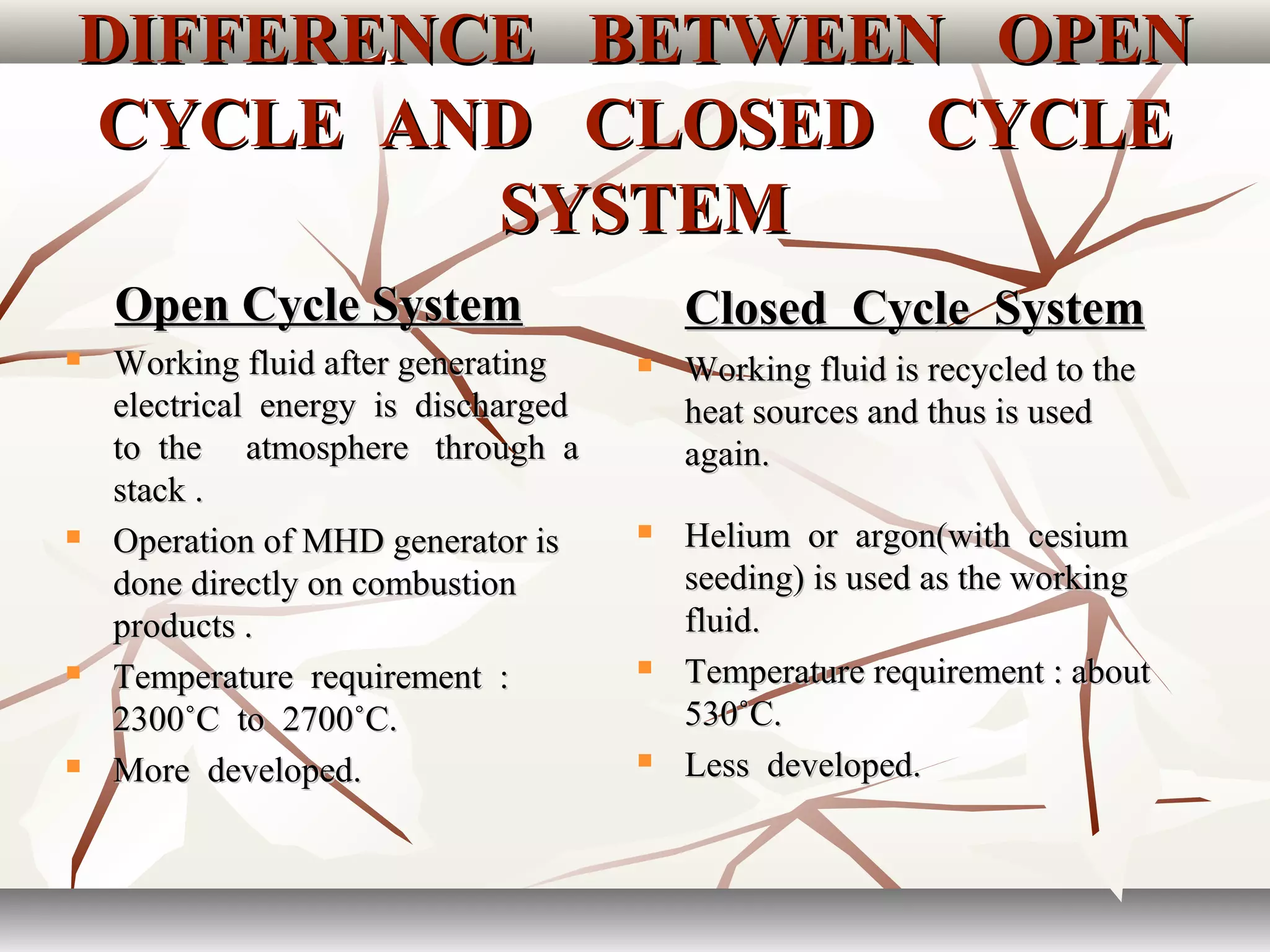 DIFFERENCE BETWEEN OPENDIFFERENCE BETWEEN OPEN
CYCLE AND CLOSED CYCLECYCLE AND CLOSED CYCLE
SYSTEMSYSTEM
Open Cycle SystemOpen Cycle System
 Working fluid after generatingWorking fluid after generating
electrical energy is dischargedelectrical energy is discharged
to the atmosphere through ato the atmosphere through a
stack .stack .
 Operation of MHD generator isOperation of MHD generator is
done directly on combustiondone directly on combustion
products .products .
 Temperature requirement :Temperature requirement :
2300˚C to 2700˚C.2300˚C to 2700˚C.
 More developed.More developed.
Closed Cycle SystemClosed Cycle System
 Working fluid is recycled to theWorking fluid is recycled to the
heat sources and thus is usedheat sources and thus is used
again.again.
 Helium or argon(with cesiumHelium or argon(with cesium
seeding) is used as the workingseeding) is used as the working
fluid.fluid.
 Temperature requirement : aboutTemperature requirement : about
530˚C.530˚C.
 Less developed.Less developed.
 