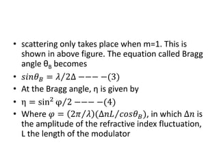 • scattering only takes place when m=1. This is
shown in above figure. The equation called Bragg
angle θB becomes
• 𝑠𝑠𝑠𝜃 𝐵 = 𝜆 2∆⁄ −−− −(3)
• At the Bragg angle, η is given by
• η = sin2
φ 2⁄ −−− −(4)
• Where 𝜑 = 2𝜋 𝜆⁄ (∆𝑛𝑛 𝑐𝑐𝑐𝜃 𝐵⁄ ), in which ∆𝑛 is
the amplitude of the refractive index fluctuation,
L the length of the modulator
 