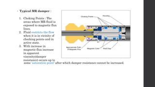 • Typical MR damper :
1. Choking Points : The
areas where MR fluid is
exposed to magnetic flux
lines.
2. Fluid restricts the flow
when it is in vicinity of
chocking points and in
active state.
3. With increase in
magnetic flux increase
in apparent
viscosity(damper
resistance) occurs up to
some ‘saturation point’ after which damper resistance cannot be increased.
 