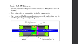 • Double Ended MR damper :
1. It has 2 piston rods of equal diameter protruding through both ends of
damper.
2. Does not require an accumulator or similar arrangments.
3. Have been used for bicycle applications, gun recoil applications, and for
stabilizing buildings during earthquakes.
 