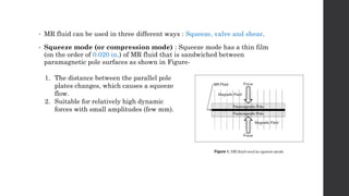 • MR fluid can be used in three different ways : Squeeze, valve and shear.
• Squeeze mode (or compression mode) : Squeeze mode has a thin film
(on the order of 0.020 in.) of MR fluid that is sandwiched between
paramagnetic pole surfaces as shown in Figure-
1. The distance between the parallel pole
plates changes, which causes a squeeze
flow.
2. Suitable for relatively high dynamic
forces with small amplitudes (few mm).
 