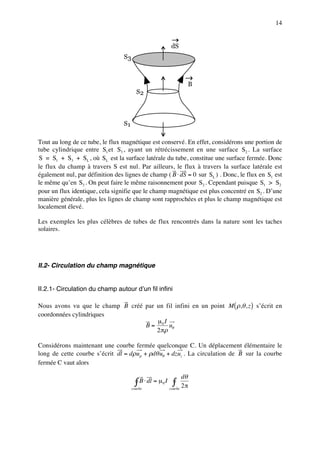 14


                                                       dS
                                  S3



                                                               B
                                         S2



                                  S1

Tout au long de ce tube, le flux magnétique est conservé. En effet, considérons une portion de
tube cylindrique entre S1 et S3 , ayant un rétrécissement en une surface S2 . La surface
S = S1 + S3 + SL , où SL est la surface latérale du tube, constitue une surface fermée. Donc
le flux du champ à travers S est nul. Par ailleurs, le flux à travers la surface latérale est
également nul, par définition des lignes de champ ( B ⋅ dS = 0 sur SL ) . Donc, le flux en S1 est
le même qu’en S3 . On peut faire le même raisonnement pour S2 . Cependant puisque S1 > S2
pour un flux identique, cela signifie que le champ magnétique est plus concentré en S2 . D’une
manière générale, plus les lignes de champ sont rapprochées et plus le champ magnétique est
localement élevé.

Les exemples les plus célèbres de tubes de flux rencontrés dans la nature sont les taches
solaires.




II.2- Circulation du champ magnétique


II.2.1- Circulation du champ autour d’un fil infini

Nous avons vu que le champ B créé par un fil infini en un point M ( ρ,θ , z ) s’écrit en
coordonnées cylindriques
                                      µ I
                                  B = 0 uθ
                                      2 πρ

Considérons maintenant une courbe fermée quelconque C. Un déplacement élémentaire le
long de cette courbe s’écrit dl = dρ uρ + ρdθ uθ + dzuz . La circulation de B sur la courbe
fermée C vaut alors

                                                              dθ
                                         ∫ B ⋅ dl = µ I ∫
                                       courbe
                                                   0
                                                       courbe
                                                              2π
 