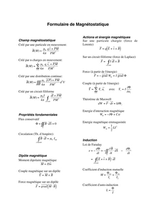 Formulaire de Magnétostatique


                                             Actions et énergie magnétiques
Champ magnétostatique                        Sur une particule chargée (force de
Créé par une particule en mouvement:         Lorentz)
                   µ q v ∧ PM
          B( M ) = 0
                                                        F =q E +v∧B(           )
                   4π PM 3
                                             Sur un circuit filiforme (force de Laplace)
Créé par n charges en mouvement:                            F = ∫ I dl ∧ B
                n
                   µ q v ∧ PM
     B( M ) = ∑ 0 i i 3i                                           circuit

              i =1 4π   PM
                         i
                                             Force (à partir de l'énergie)
Créé par une distribution continue:                   F = − grad Wm = I grad Φ
                   µ j ( P) ∧ PM 3
      B( M ) = ∫∫∫ 0             dV          Couple (à partir de l'énergie)
                  4π      PM 3                           3
                                                                                        ∂Φ
                                                  Γ = ∑ Γi ui          avec    Γi = I
Créé par un circuit filiforme                           i =1                            ∂α i
                 µ I       dl ∧ PM
         B( M ) = 0 ∫
                 4π circuit PM 3             Théorème de Maxwell
                                                       dW = F ⋅ dr = IdΦc

                                             Energie d'interaction magnétique
Propriétés fondamentales                                   Wm = − IΦ + Cst
Flux conservatif
                                             Energie magnétique emmagasinée
             Φ = ∫∫ B ⋅ dS = 0
                                                                 1
                         S                                  W m = LI 2
                                                                 2
Circulation (Th. d'Ampère):
               ∫ B ⋅ dl = µ0 Iint
               contour
                                             Induction
                                             Loi de Faraday
                                                       dΦ         ∂B                    dΦ c
                                                  e=−      = − ∫∫    ⋅ dS −
                                                        dt      S
                                                                  ∂t                     dt
Dipôle magnétique
Moment dipolaire magnétique                        =     ∫ ( E + v ∧ B) ⋅ dl
                M = ISn                                circuit



Couple magnétique sur un dipôle              Coefficient d'induction mutuelle
                                                                Φ     Φ
              Γ=M∧B                                         M = 12 = 21
                                                                  I1   I2
Force magnétique sur un dipôle
            F = grad M ⋅ B   (   )           Coefficient d'auto-induction
                                                                    Φ
                                                                L=
                                                                    I
 