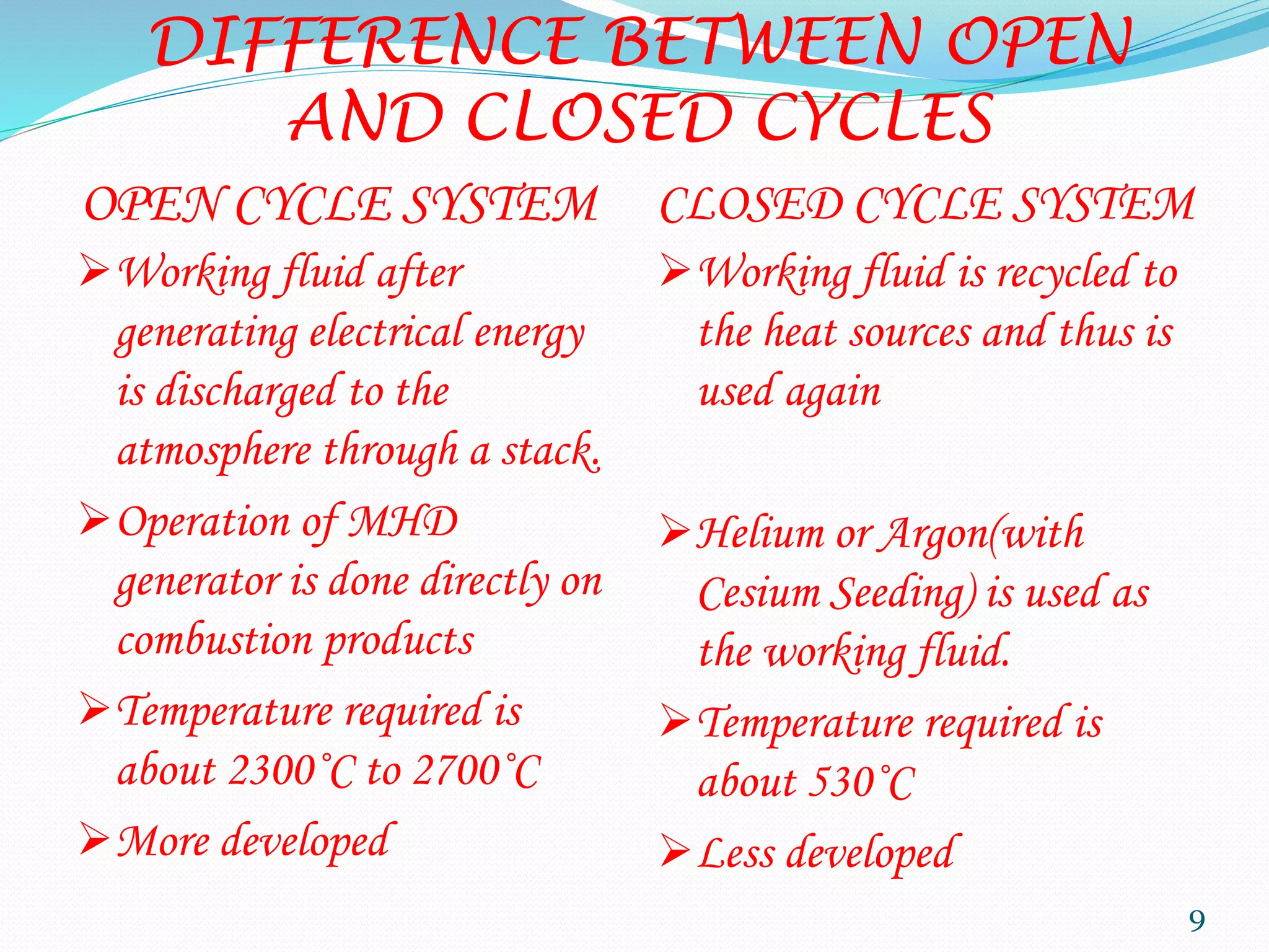 DIFFERENCE BETWEEN OPEN
AND CLOSED CYCLES
OPEN CYCLE SYSTEM CLOSED CYCLE SYSTEM
Working fluid after
generating electrical energy
is discharged to the
atmosphere through a stack.
Operation of MHD
generator is done directly on
combustion products
Temperature required is
about 2300˚C to 2700˚C
More developed
Working fluid is recycled to
the heat sources and thus is
used again
Helium or Argon(with
Cesium Seeding) is used as
the working fluid.
Temperature required is
about 530˚C
Less developed
9
 