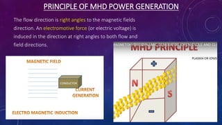 PRINCIPLE OF MHD POWER GENERATION
The flow direction is right angles to the magnetic fields
direction. An electromotive force (or electric voltage) is
induced in the direction at right angles to both flow and
field directions.
 