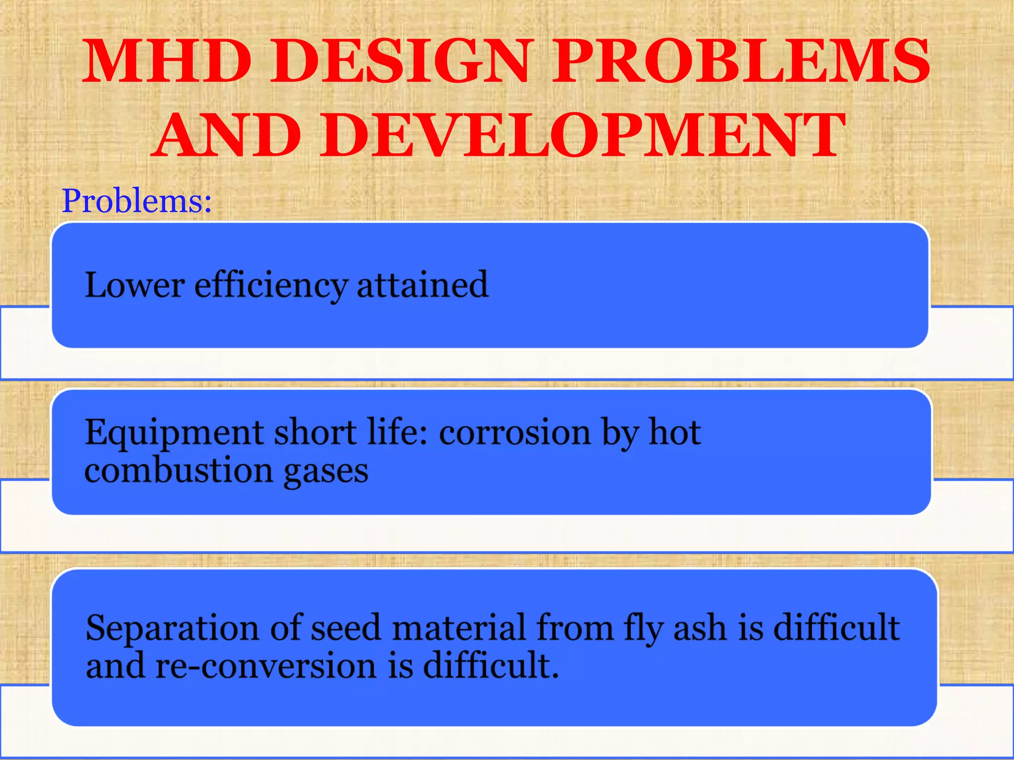 MHD DESIGN PROBLEMS
AND DEVELOPMENT
Problems:
.
 