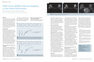 Clinical Woman’s Health 
2B 2C 
2 Breast MR images of a 49-year-old woman with cysts containing proteinaceous fluid. 2A: STIR with TR/TE/TI 4200/93/230, 2B: SPAIR with TR/TE 
4000/86, 2C: T1-weighted gradient echo image TR/TE 4.9/1.9. 
same scheme of inversion recovery 
although it has a different T1 value. This 
leads to an intrinsically low signal-to-noise 
ratio as opposed to SPAIR which 
leaves the water signal undisturbed. We 
illustrate this with the following case of 
breast cysts with short T1. 
Pictorial illustration 
A 49-year-old patient was selected for 
high-risk screening in MRI. No prior 
mammogram or ultrasound of the 
breasts was performed for the patient. 
Physical examination found no palpable 
mass in either breast. 
MRI was performed on a 3T scanner 
(MAGNETOM Verio, Siemens Erlangen, 
Germany). The system was equipped 
with an open 8-channel breast array coil. 
The examination protocol consisted of 
three steps. The first involved STIR / 
SPAIR. In the second step, dynamic con-trast- 
media enhanced 3D T1-weighted 
gradient echo images were collected. 
MRI of the breasts demonstrated two cir-cumscribed 
oval masses at the 12 
o’clock position in the left breast. These 
two oval masses were isointense to 
hypointense on the STIR images (Fig. 2A), 
but hyperintense on SPAIR images 
(Fig. 2B). Figure 2C shows a pre-contrast 
T1-weighted image for reference. 
In the axial subtracted images, these 
oval masses demonstrated rim enhance-ment. 
They probably represent inflamed 
cysts containing proteinaceous fluid or 
cysts complicated by hemorrhage. 
Discussion 
Simple breast cysts are round or oval 
with sharp margins. Simple cysts have 
very high T2 signal and display no inter-nal 
enhancement with contrast. Breast 
cysts with proteinaceous content may 
demonstrate high signal on T1-weighted 
images with corresponding lower signal 
on T2-weighted images. In inflamed 
cysts, enhancement may occur in the tis-sue 
around the cyst. This may appear as 
a mass with rim enhancement on sub-tracted 
images. 
When water is bound to a hydrophilic 
macromolecule such as a protein, it 
forms a hydration layer. This lowers the 
motional frequencies of water which 
results in shortening of T1. As a point of 
reference, proteinaceous fluid has a T1 
that is between that of fat (with shortest 
T1) and bulk water (with longest T1) [2]. 
The MR signal characteristics are 
thought to correlate with protein con-tent 
or hemorrhage within the cysts. 
There are several reports concerning the 
relationship between cyst protein con-centration 
and signal intensity on 
T1-weighted MR images [3]. This is sup-ported 
by the similarity to CT [4]. An 
almost linear relationship is reported 
between protein content and the attenu-ation 
value of cyst fluid. The attenuation 
can be in the range of that of soft tissue 
and thus mimic a tissue mass. 
How do T1 changes affect the STIR 
image contrast? 
Any other tissue with a T1 similar to that 
of lipids then also appears strongly 
attenuated (Fig 1A). This inconsistency 
may confuse the unwary when looking 
at the same tissue in a different way, 
e.g. on T1-weighted MRI. 
On the other hand, STIR is insensitive to 
B0 inhomogeneity, and thus potentially 
permits larger fields-of-view when com-pared 
to conventional fat suppressed 
images and also has the ability to scan 
off-center; SPAIR may not work well in 
regions with reduced homogeneity, e.g. 
due to proximity to clips or generally 
susceptibility changes [5]. But as shown 
in this exemplary case, SPAIR should be 
used in cases where water-based tissue 
lesions may have a T1 similar to that of 
lipids, because the non-selective scheme 
of STIR can provide misleading results. 
STIR versus SPAIR in Breast Imaging: 
a Case-Based Discussion 
Yien Sien Lee, MD; Choon Kuang Low, BSc; Helmut Rumpel, PhD 
Department of Diagnostic Radiology, Singapore General Hospital, Singapore 
Purpose 
The purpose of this article is to illustrate 
the varying appearances of breast cysts 
for different inversion recovery imaging 
sequences such as STIR and SPAIR. 
It illustrates a specific pitfall in interpre-tation 
of inversion recovery techniques 
(for lipid void) in breast MR imaging. It 
includes schematic and pictorial illustra-tions 
to describe this pitfall, with imag-ing 
from a clinical case. 
Introduction 
Standard breast MR protocols, e.g. for 
screening of high-risk patients, encompass 
methods for water-lipid separation [1]. 
To optimally assess the water compo-nent 
in fibroglandular tissue, fat sup-pression 
scans based on T1 relaxation 
values are commonly used, namely STIR 
(short TI inversion recovery) (Fig. 1A) or 
SPAIR (spectral selection attenuated 
inversion recovery) (Fig. 1B). Both 
sequences embody an inversion recov-ery 
scheme and acquire the image data 
after a time delay (called inversion time 
TI), when the longitudinal magnetiza-tion 
of the signal from lipids is zero. 
What is the difference between STIR 
and SPAIR? 
The inversion-recovery (IR) technique 
STIR is chemically non-selective, but spa-tially 
selective, i.e. the inversion pulse 
affects all tissues, but only for the 
respective slice. SPAIR in contrast is 
chemically selective, but spatially non-selective, 
i.e. only the fatty tissue is 
inverted, but this applies to the whole 
volume of all slices. Consequently, the 
frequency of inversion pulses for each 
slice is much higher for SPAIR (TR / num-ber 
of slices). The steady-state magneti-zation 
of fatty tissue is consequently 
lower, resulting in a shorter TI for zero 
crossing of the fat magnetization. 
What are the strengths and weak-nesses 
of STIR and SPAIR? 
A significant but detrimental feature of 
STIR is that the water signal follows the 
Preparation Evolution Detection 
water 
Any fast-imaging sequence, 
TI e.g. fast-spin-echo 
lipid 
Diagram of STIR consisting of three time periods, namely the preparation period (non-selective 
inversion), the evolution period (T1 recovery), and the detection period. Note that any 
1A 
1A 
other tissue (dashed line) with a T1 similar to that of lipids (solid line) is nulling likewise. 
Preparation Evolution Detection 
Any fast-imaging sequence, 
TI e.g. fast-spin-echo 
water lipid 
Diagram of SPAIR. The spectral selective inversion pre-pulse is set on the lipid frequency, leav-ing 
any other tissue unaffected (dashed line) during both the preparation and the evolution period. 
References 
1 Kuhl CK. Concepts for Differential Diagnosis in 
Breast MR Imaging, MRI Clinics 2006; 305-328. 
2 Rakow-Penner R, Daniel B, Yu H, Sawyer-Glover 
A, Glover GH. Relaxation times of breast tissue 
at 1.5T and 3T measured using IDEAL. JMRI 
2005; 23: 87-91. 
3 Hayashi Y, Tachibana O, Muramatsu N, et al. 
Rathke. Cleft cyst: MR and biomedical analysis of 
cyst content. J Comput Assist Tomogr 1999; 23: 
34–38. 
4 Stafford-Johnson DB, Helvie MA, Hilborn MD, 
Wilson TE, Goodsitt MM, Bude RO. CT attenua-tion 
of fluid in breast cysts. Acad Radiol. 1998; 
5: 423-6. 
5 Bley TA, Wieben O, François CJ, Brittain JH, 
Reeder SB. Fat and Water Magnetic Resonance 
Imaging. JMRI 2010; 31: 4-18. 
Contact 
Helmut Rumpel, PhD 
Department of Diagnostic Radiology 
Singapore General Hospital 
Outram Rd 
Singapore 169608 
Phone (65)63266774 
helmut.rumpel@sgh.com.sg 
2A 
1B 
1B 
54 MAGNETOM Flash 1/2011 · www.siemens.com/magnetom-world MAGNETOM Flash · 1/2011 · www.siemens.com/magnetom-world 55 
 