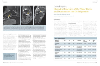 Case Report: 
Chondral Fracture of the Talar Dome 
and Diastasis of the Os Trigonum 
Anna K. Chacko, MD; Charles P. Ho, PhD, MD 
Steadman Philippon Research Institute, Vail, Colorado, USA 
Patient history 
We present the magnetic resonance 
(MR) images of the right ankle of a 
34-year-old male police officer com-plaining 
specifically of pain deep in the 
right ankle for 4 years. He has had a his-tory 
of several small uneventful injuries 
over the past several years, since high 
school. Physical activity such as running 
is hampered by the pain in the right 
ankle as well as the right knee. On physi-cal 
examination of his ankles, there is 
mild tenderness along the anterior aspect 
of the ankle joints. He is more tender on 
the anterolateral ankle joint and lateral 
gutter. He has negative tenderness pos-terior 
to his peroneal tendons. Anterior 
drawer and tilt tests were negative. 
Imaging fi ndings 
We present Magnetic Resonance images 
of the right ankle with significant 
findings related to his complaints in his 
right ankle. 
The right ankle was imaged using a 3T 
MAGNETOM Verio MRI scanner (Siemens 
Healthcare, Erlangen, Germany) with a 
dedicated 8-channel ankle coil. The ankle 
was imaged in the sagittal, coronal and 
axial planes. These included proton 
density (PD), T2-weighted non fat sup-pressed 
MSK Clinical 
as well as fat suppressed images 
for the coronal and sagittal planes. Axial 
images were obtained with T2-weight-ing 
for the non-fat-suppressed images 
and PD-weighting for the fat suppressed 
images. We utilized slice thicknesses of 
3 mm in all planes. Details of the tech-niques 
used are outlined in Table 1. 
Several abnormalities involving the liga-ments 
in and around the ankle joint were 
noted on multiple images. However, 
there are two findings which are well 
demonstrated in this case. 
The first is the presence of the chondral 
fragment in situ noted on the images 
Table 1: Sequence details 
Weighting FOV TR TE Sequence Slice Gap Matrix 
and planes thickness size 
T2-weighted 100 3860 108 Turbo Spin Echo 3 mm 0.3 mm 320 x 256 
axial 
PD-weighted axial 100 3730 43 Turbo Spin Echo 3 mm 0.3 mm 320 x 256 
fat suppressed fat suppressed 
PD-weighted sagittal 100 2910 43 Turbo Spin Echo 3 mm 0.3 mm 320 x 256 
fat suppressed fat suppressed 
PD-weighted 100 2660 35 Turbo Spin Echo 3 mm 0.3 mm 384 x 326 
sagittal 
PD-weighted coronal 100 4660 43 Turbo Spin Echo 3 mm 0.3 mm 320 x 256 
fat suppressed fat suppressed 
PD-weighted coronal 100 4340 35 Turbo Spin Echo 3 mm 0.3 mm 384 x 326 
Clinical MSK 
2A 2B 2C 
2 27-year-old snowboarder presents with subtalar injury. 2A: PD-weighted Turbo Spin Echo fat suppressed sagittal images through the ankle 
demonstrate bone marrow edema at the site of the impaction fracture of the middle facet of the talus (long arrow). Chondral defect is noted 
in 
the articular cartilage of the middle facet on the inferior aspect of the talus (short arrow). 2B: PD-weighted Turbo Spin Echo fat suppressed sagit-tal 
in the articular cartilage of the middle facet on the inferior aspect of the talus (short arrow). 2B: PD-weighted Turbo Spin Echo fat suppressed 
sagittal images images through through the ankle the ankle demonstrate demonstrate the chondral the chondral defect defect in the in articular the articular cartilage cartilage of the of middle the middle facet facet on the on inferior the inferior aspect aspect of the of talus 
the 
talus (arrow). 2C: PD-weighted Turbo Spin Echo fat suppressed axial images through the ankle demonstrate single chondral fragment adjacent 
to the sustentaculum tali (arrow). 
(arrow). 2C: PD-weighted Turbo Spin Echo fat suppressed axial images through the ankle demonstrate single chondral fragment adjacent to the 
sustentaculum tali (arrow). 
ular joints providing significant complex-ity 
and multiaxiality of function. This 
allows the foot to accommodate to irreg-ular 
terrain. Patients presenting with 
ankle/talocrural joint injuries must be 
examined carefully for subtalar injuries. 
The three talocalcaneal articulations can 
be visualized on standard planes on MR. 
However, subtle injuries with osteochon-dral 
fractures require greater attention 
to detail with high resolution. 
The talus is shaped like a truncated cone 
and ligament stability of the talocrural 
and subtalar joints is dependent on the 
lateral collateral, the cervical and the 
talocalcaneal interosseous ligaments. 
Contact 
Charles P. Ho, PhD, MD 
Steadman Philippon Research Institute 
181 W. Meadow Dr. Suite 1000 
Vail, CO 81657 
USA 
Karen.briggs@sprivail.org 
References 
1 PinoColville: Snowboard Injuries. American 
Journal of Sports Medicine: Vol 17, No 6, 1989. 
2 Bladin C et al: Australian snowboard injury data-base 
study: A four year prospective study. Ameri-can 
Journal of Sports Medicine: Vol 21, 701, 1993. 
3 Ligamentous injuries about the ankle and 
subtalar joints. Zwipp H Clin Podiatr Med Surg 
2002 Apr; 19 (2): 195-229. 
4 Challenging fractures of the foot and ankle 
Prozuski LJ, Saltzman CL Radiol Clin North Am: 
1997 May; 35 (3): 655-70. 
5 Ankle and foot trauma. Mulligan ME. Semin 
Musculoskelet Radiol. 2000; 4 (2): 241-53. 
6 Chronic ankle instability: biomechanics and 
Pathomechanics of ligamentous injury and 
associated lesions. Bonnel F, et al: Orthop 
Traumatol Surg Res 2010 Jun: 96 (4): 424-32. 
7 Lateral ankle sprains: a comprehensive review, 
Part 1: etiology, pathoanatomy, histopathogene-sis 
and diagnosis. Med.Sci. Sports Exerc., Vol 31, 
no. 7 (Suppl.) pp S429-S437,1999. 
8 Fractures of the talus Skeletal Radiology 
Volume 26, Number 3, 137-142, DOI: 10.1007/ 
s002560050209. 
9 Wechsler RJ et alHelical Ct of fractures of the 
talus Skeletal Radiol (1997) 26:137-142 Interna-tional 
skeletal Society 1997. 
10 Osteochondral lesions of the talus – Canale and 
Belding RH JBJS Am 1980:62:97-102. 
11 Osteochondral Lesions of the Talus Schachter et 
al. J Am Acad Orthop Surg.2005; 13: 152-158. 
12 Characterizing osteochondral lesions by magnetic 
resonance imaging DiPaola JD et al Arthroscopy: 
The journal of Arthroscopic and related Surgery 
VOL 7 Issue 1 March 1991 101-104. 
13 Osteochondritis dissecans: a review and new 
MRI classification Bohndorf K VOL 8 Number 1 
103-112. 
14 Osteochondral lesions of the talus in a sports 
medicine clinic. A new radiographic technique 
and surgical approach Thompson JP et al Am 
Journal of Sports Medicine December 1984 
vol 12 no 6 460-463. 
15 Challenging fractures of the foot and ankle 
Prozuski LJ, Saltzman CL Radiol Clin North Am: 
1997 May; 35 (3): 655-70. 
16 JBJS: Mulfinger GL and Trueta J Blood supply of 
the talus VOL 52B No. 1 February 1970. 
17 Ankle and foot trauma. Mulligan ME. Semin 
Musculoskelet Radiol. 2000; 4 (2): 241-53. 
18 Chronic ankle instability: biomechanics and 
Pathomechanics of ligamentous injury and asso-ciated 
lesions. Bonnel F, et al: Orthop Traumatol 
Surg Res 2010 Jun: 96 (4): 424-32. 
19 Lateral ankle sprains: a comprehensive review, 
Part 1: etiology, pathoanatomy, histopathogene-sis 
and diagnosis. Med.Sci. Sports Exerc., Vol 31, 
no. 7 (Suppl.) pp S429-S437, 1999. 
20 Solomon MA et al CT scanning of the Foot and 
Ankle: I Normal anatomy AJR 146: 1192-1203 
June 1986. 
62 MAGNETOM Flash 1/2011 · www.siemens.com/magnetom-world MAGNETOM Flash · 1/2011 · www.siemens.com/magnetom-world 63 
 