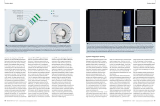 Product News Product News 
Magnet cryostat 
MR 
PET 
Air/Vacuum 
Magnet shielding coil 
Primary magnet coil 
Gradient coil 
PET detector 
RF body coil 
2 Schematic drawing and photograph showing the integration of the PET detectors in the MR hardware structure of the Biograph mMR. From the 
inside to the outside: RF body coil, PET detector, gradient coil assembly, primary magnet coil, and magnet shielding coil. The latter two magnet coil 
assemblies are contained in the helium filled magnet cryostat. The MR/PET integration as shown requires that the PET detector works within strong 
static and dynamic magnetic fields, and does not disturb any of the associated electromagnetic MR fields. The PET detector must not disturb the static 
B0-field, the gradient fields nor the RF transmission and reception. Additionally, in this configuration the RF body coil needs to be designed ‘PET trans-parent’ 
towards MR and PET signal detection 
with no signal disturbances in either 
direction. A technical precondition to 
fulfill these requirements is that the RF 
body coil should be ‘PET transparent’ 
such that gamma quanta emitted by the 
patient are not attenuated by the RF 
body hardware. An additional conse-quence 
is that the PET detectors need to 
be non-magnetic and ‘gradient transpar-ent’ 
in order to not distort the linearity 
of the fast switching gradient fields. 
The PET detectors require stable temper-atures 
over time of around 20°C temper-ature, 
which has been achieved by 
implementing water cooling into the 
APDs (Fig. 1). Analog electrical signals 
and water cooling are conducted from 
the PET detector in the isocenter of the 
magnet bore to the back end of the MR/ 
PET system. All PET detector electronics 
are hermetically shielded by copper ele-ments 
in order not to emit RF signals 
that potentially could disturb the weak 
MR RF signals or contribute to increased 
with little attenuation of gamma quanta. 
3A 3B 
3C 
3 System integration testing: RF noise check. Images in (A) show results of an RF noise detection routine in MR imaging that was acquired while 
the PET detector unit was simultaneously activated. In this noise check, the RF receivers of the MR system are stepped through a frequency range of 
±250 kHz around the Larmor center frequency in intervals of 10 kHz. The panel in (A) shows a selection of 4x4 images, each representing a frequency 
range of 10 kHz. The individual noise images here show neither increased noise nor any other discrete enhancement. Zoom-in (B). This result of the 
RF noise check indicates uncompromised shielding of the electronic PET components over the whole receiver bandwidths of the MR system. Just to 
demonstrate the effect of disturbing RF noise, image (C) shows a single measurement disturbed by a discrete RF signal (vertical stripe on the right 
side of the image) that has been provoked by opening the two doors of the RF cabin during measurement. 
2 
How has the integration of the PET 
detector unit into the MR environment 
been performed technically? Seen from 
the perspective of the signals emitting 
patient, the hardware layer structure 
of the hybrid system is as follows: The 
innermost layer in the magnet bore is 
formed by the signal transmitting and 
receiving RF body coil with its RF shield, 
shielding the RF coil towards the other 
structures in the bore. The PET detector 
rings are located behind the RF coil and 
its RF shield. The layer behind the PET 
detector unit is formed by the gradient 
coil assembly encompassing gradient 
coils for spatial MR signal encoding in all 
three dimensions of the scanner coordi-nate 
system. The outer layer structure is 
formed by the magnet cryostat contain-ing 
the liquid helium for magnet cooling 
as well as the superconducting magnet 
winding producing the 3.0 Tesla static 
magnetic B0-field (Fig. 2). The individual 
hardware components as well as the 
whole hardware assembly are optimized 
overall RF noise, leading to decreased 
signal-to-noise-ratio (SNR) in MRI mea-surements. 
With regard to potential 
interaction with the three groups of 
electromagnetic fields in an MRI sur-rounding, 
all components of the PET 
detector and electronics must be abso-lutely 
non-magnetic, must be absolutely 
RF shielded and must be optimized to 
eliminate susceptibility to eddy currents. 
Eddy currents potentially interact with 
the strong and fast switching magnetic 
gradient fields for spatial MR signal 
encoding. When switching gradient 
fields, according to Lorentz’ induction 
law, eddy currents are induced into 
neighboring electrically conducting 
structures. Unwanted eddy currents thus 
counteract the effect of fast switching 
linear gradient fields, potentially leading 
to reduced rise times, reduced ampli-tudes, 
and reduced gradient linearities, 
resulting in an overall reduced gradient 
performance and non-linear geometrical 
distortions in MR imaging. 
System integration testing 
Early system integration testing of the 
Biograph mMR hybrid MR/PET system 
has been performed at the Institute of 
Medical Physics (IMP), University of 
Erlangen, Germany, in close collabora-tion 
with Siemens Healthcare, Erlangen, 
Germany. Successful system integration 
needs to be explored and verified in 
numerous systematic technical and 
phantom testing experiments. This 
requires testing in both directions to 
answer the following questions: Is PET 
performance influenced by the MR? Is 
MR performance influenced by the PET? 
MR testing encompasses testing for 
potential interactions with RF, B0, and 
Gxyz, and related artifacts. PET testing 
encompasses testing for count rates, 
detector performance, signal homoge-neity, 
and artifacts [5]. 
Figure 3 shows RF noise testing – a rou-tine 
system performance test in MRI. In 
this test, the RF receiver chain is set to a 
high receiver gain and then stepped in 
steps of 10 kHz through a varying band-width 
ranging from -250 kHz to +250 
kHz around the Larmor center frequency 
of the 3.0 Tesla MR system. This is per-formed 
twice: Once with PET switched 
off, and again with the PET hardware 
switched on. Thus subtle differences in 
the overall noise level or discrete RF 
noise frequencies with/without PET can 
be detected. 
Static magnetic B0-field homogeneity 
testing encompasses measurements of 
the static magnetic field homogeneity 
with/without PET detectors inside of the 
system. The difference between both 
measurements can be visualized and 
evaluated in B0 difference field maps in 
three spatial dimensions. Thus subtle 
differences in the B0 static magnetic 
field homogeneity can be detected and 
displayed within ppm accuracy. In the 
Biograph mMR system the magnetic field 
homogeneity is specified with ≤6 ppm 
standard deviation Vrms (volume root-mean 
square) over an elliptical volume 
of 50 cm diameter in the x-y-plane 
and 45 cm in z-direction. In system inte-gration 
testing the measurements with/ 
without PET detector installed did not 
reveal any influence of the PET detector 
on the B0-field homogeneity of the MR 
system. 
Also the gradient system performance 
with its parameters amplitude (mT/m), 
slew rate (T/m/s) and overall linearity 
has to be evaluated twice with/without 
PET detectors to determine possible vari-ations 
from the gradient systems specifi-cations. 
Measurements have confirmed 
that the gradient systems performance 
in the Biograph mMR system is in the 
specifications – 45 mT/m maximum 
amplitude for all three gradient axes, 
200 T/m/s maximum slew rate, and thus 
compares well to a system without PET 
integrated in the magnet bore. This is a 
major precondition to take full advan-tage 
of numerous whole-body imaging 
90 MAGNETOM Flash 1/2011 · www.siemens.com/magnetom-world MAGNETOM Flash · 1/2011 · www.siemens.com/magnetom-world 91 
 