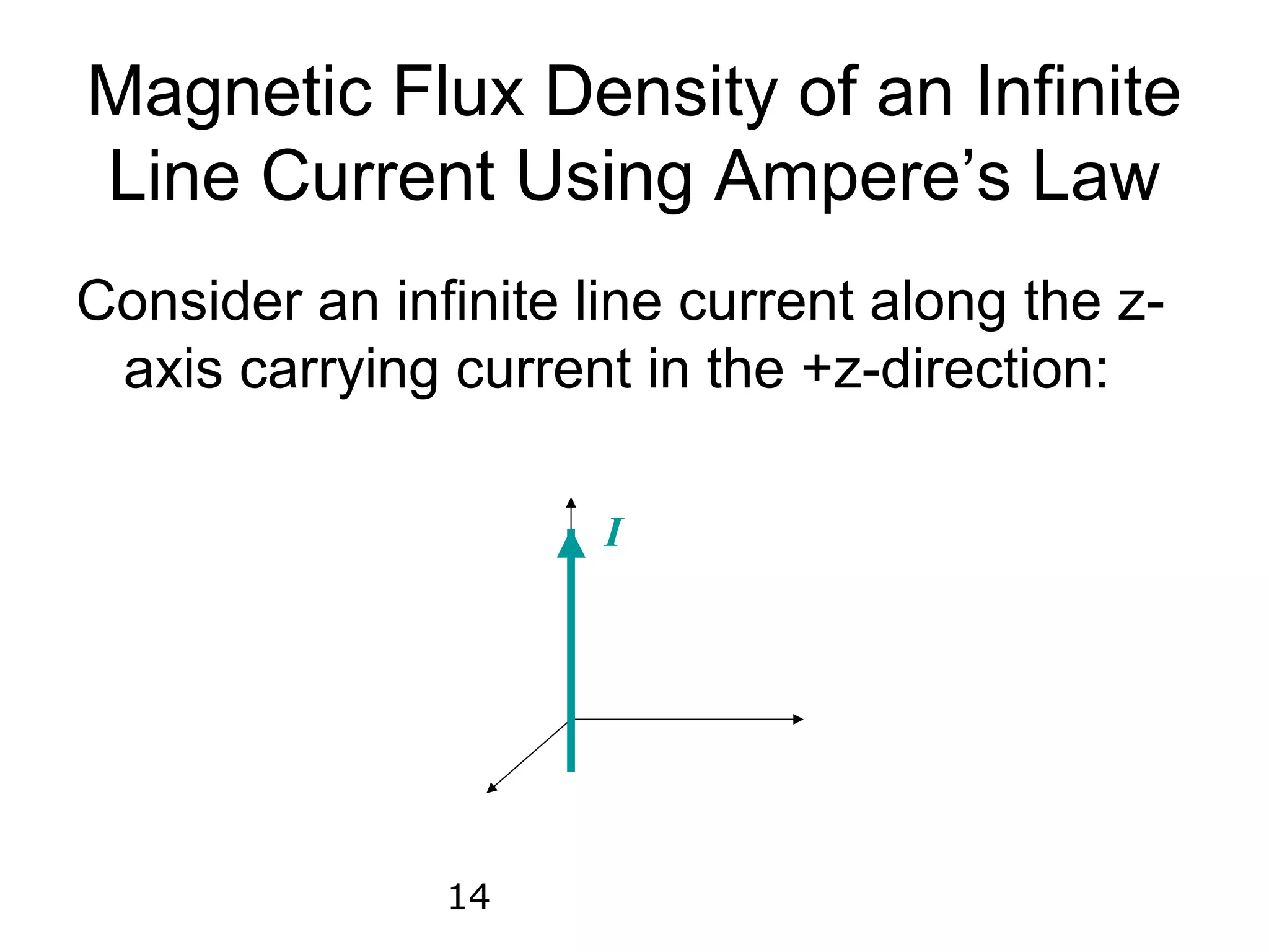 Magnetic Flux Density of an Infinite
Line Current Using Ampere’s Law
Consider an infinite line current along the z-
 axis carrying current in the +z-direction:

                      I




               14
 