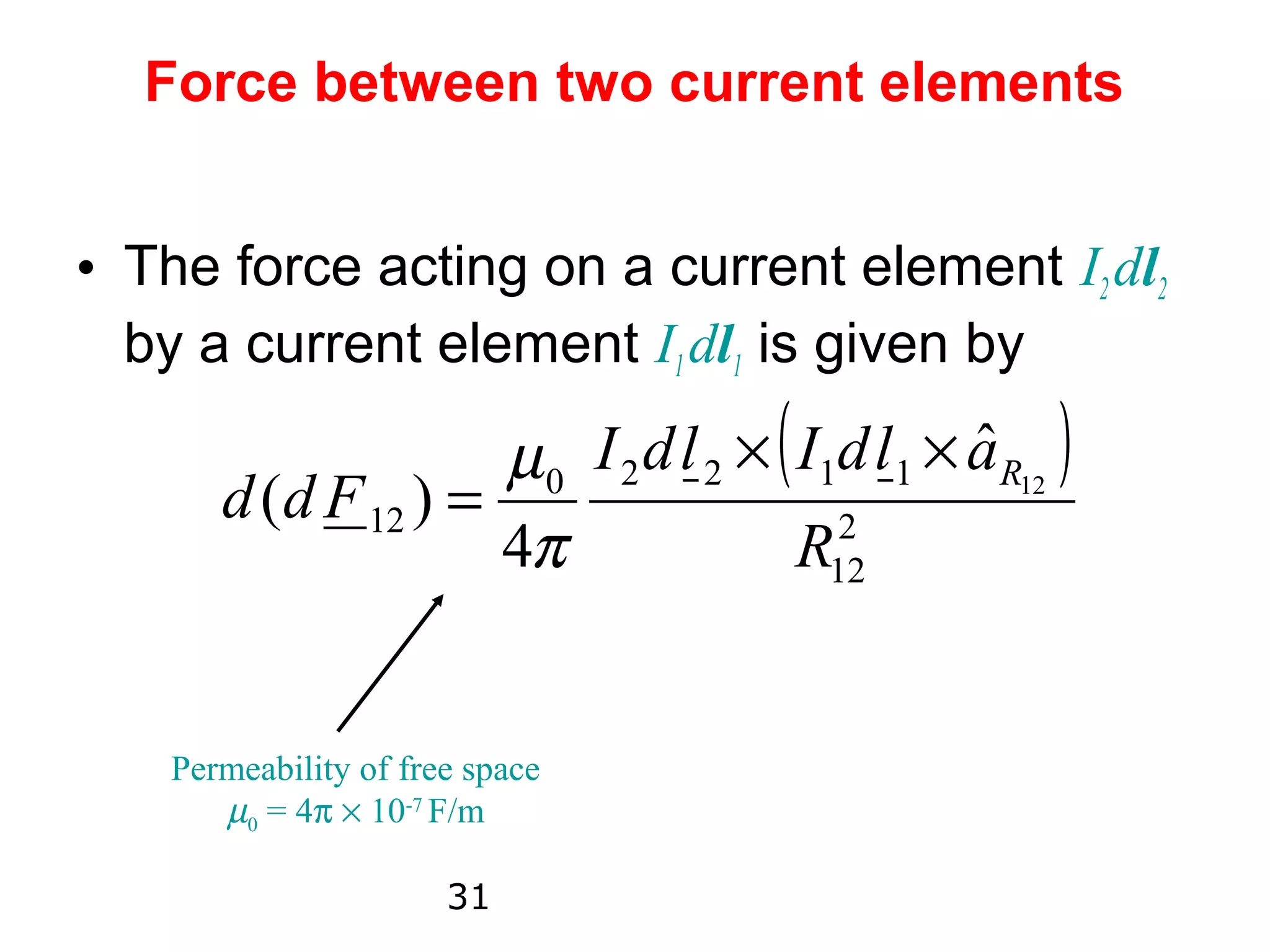Force between two current elements


• The force acting on a current element I2 dl2
  by a current element I1 dl1 is given by

                     µ 0 I 2 d l 2 × ( I1d l 1 × aR12 )
                                                 ˆ
       d (d F 12 ) =
                     4π                  2
                                       R12


    Permeability of free space
       µ0 = 4π × 10-7 F/m

                       31
 