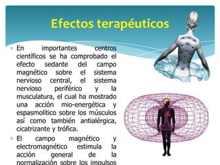 Efectos terapéuticos
En        importantes      centros
científicos se ha comprobado el
efecto sedante del campo
magnético sobre el sistema
nervioso central, el sistema
nervioso      periférico   y    la
musculatura, el cual ha mostrado
una acción mio-energética y
espasmolítico sobre los músculos
así como también antialérgica,
cicatrizante y trófica.
El      campo      magnético     y
electromagnético estimula la
acción       general     de     la
 