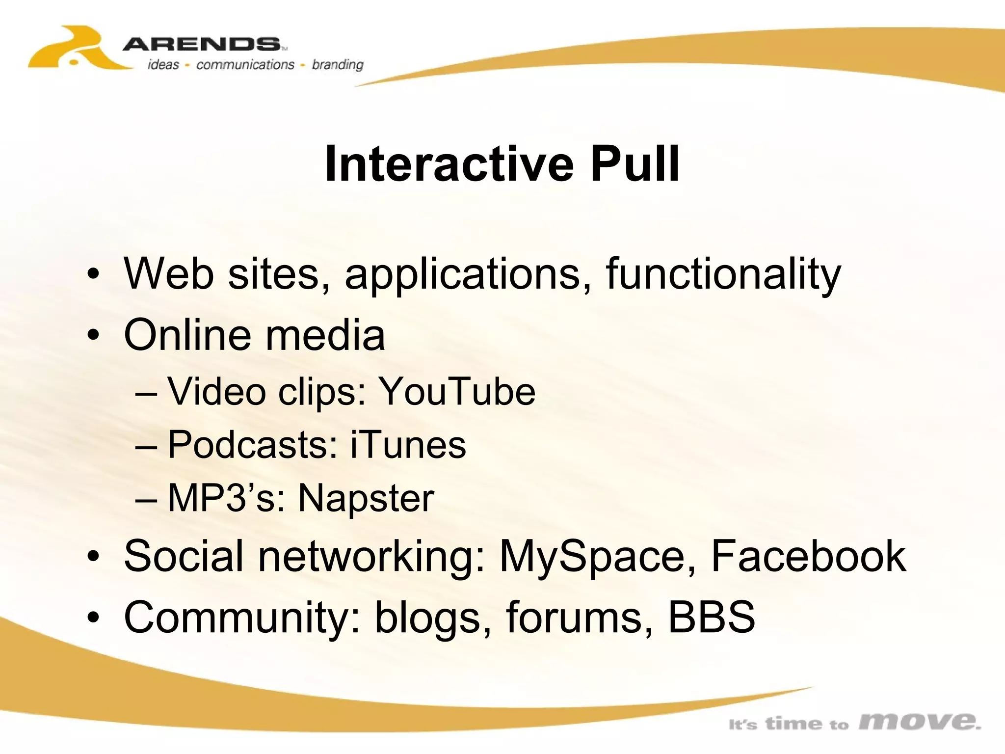 Interactive Pull Web sites, applications, functionality Online media Video clips: YouTube Podcasts: iTunes MP3’s: Napster Social networking: MySpace, Facebook Community: blogs, forums, BBS 