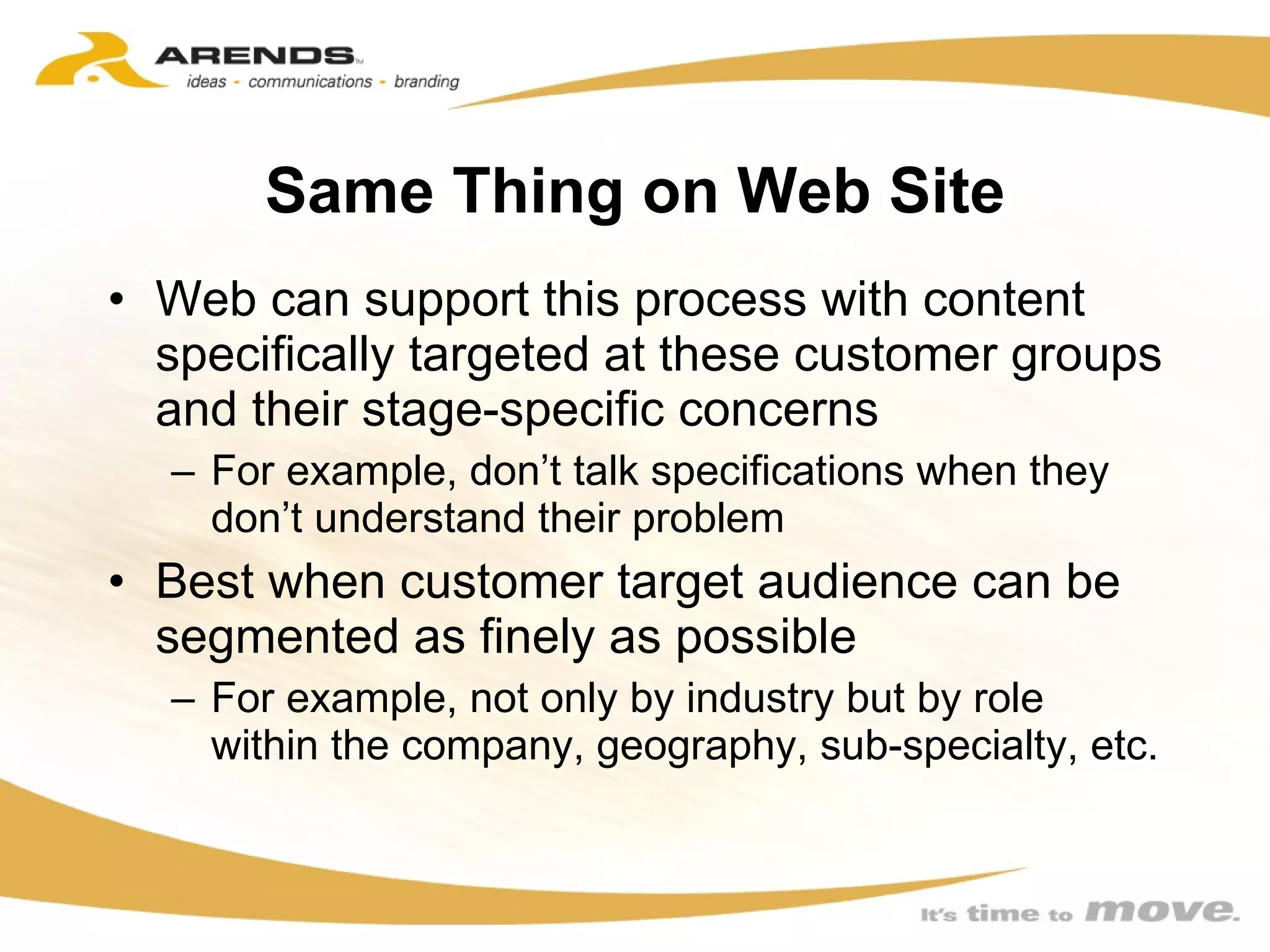Same Thing on Web Site Web can support this process with content specifically targeted at these customer groups and their stage-specific concerns For example, don’t talk specifications when they don’t understand their problem Best when customer target audience can be segmented as finely as possible  For example, not only by industry but by role within the company, geography, sub-specialty, etc. 