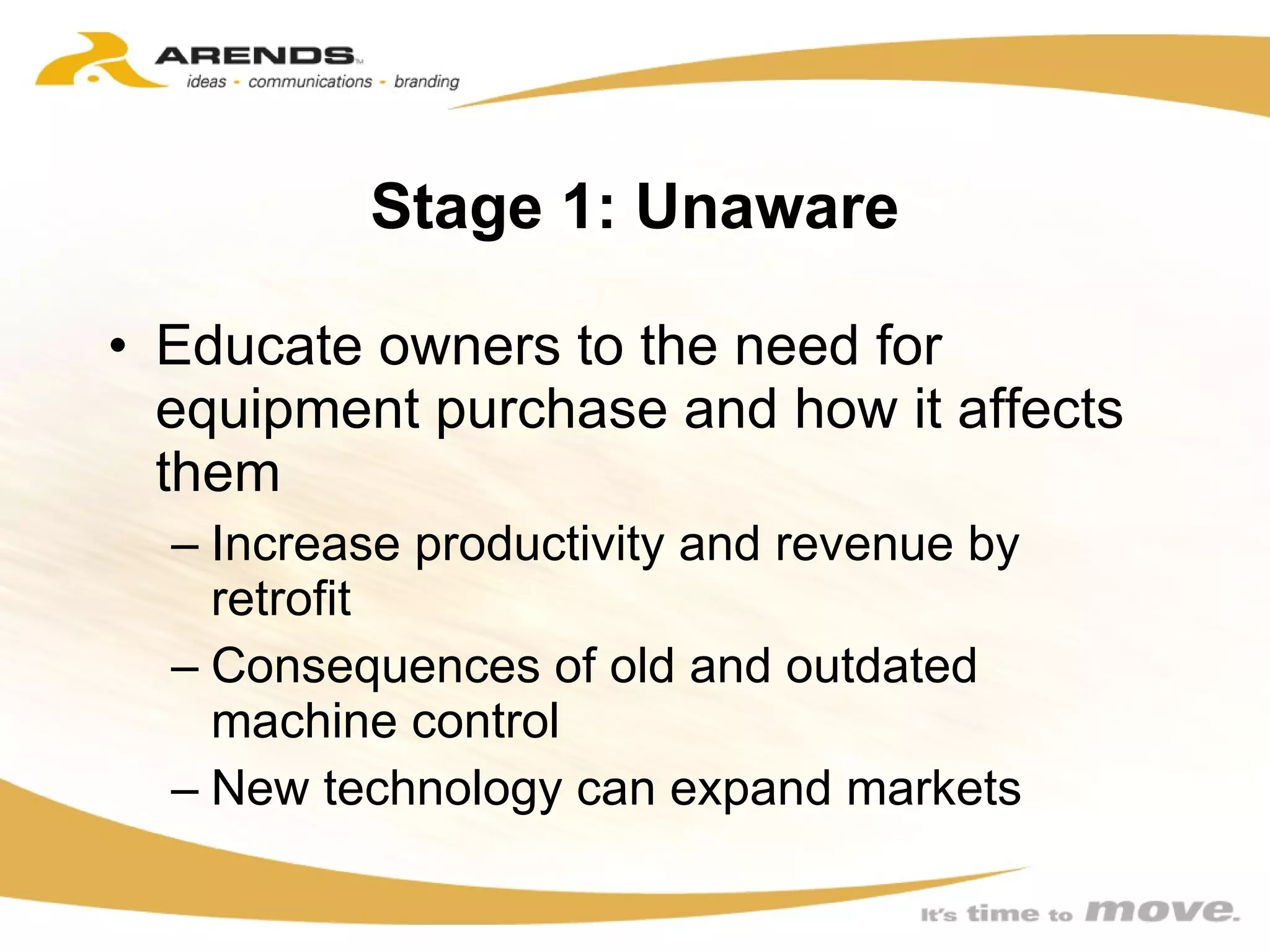 Stage 1: Unaware Educate owners to the need for equipment purchase and how it affects them  Increase productivity and revenue by retrofit Consequences of old and outdated machine control New technology can expand markets 