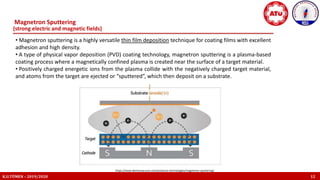 Magnetron Sputtering
K.U.TÜMEN – 2019/2020 12
https://www.dentonvacuum.com/products-technologies/magnetron-sputtering/
• Magnetron sputtering is a highly versatile thin film deposition technique for coating films with excellent
adhesion and high density.
• A type of physical vapor deposition (PVD) coating technology, magnetron sputtering is a plasma-based
coating process where a magnetically confined plasma is created near the surface of a target material.
• Positively charged energetic ions from the plasma collide with the negatively charged target material,
and atoms from the target are ejected or “sputtered”, which then deposit on a substrate.
(strong electric and magnetic fields)
 