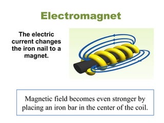 Electromagnet
Magnetic field becomes even stronger by
placing an iron bar in the center of the coil.
The electric
current changes
the iron nail to a
magnet.
 