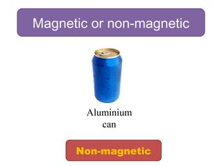 Magnetic or non-magnetic
Aluminium
can
Non-magnetic
 