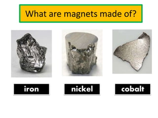 What are magnets made of?
iron nickel cobalt
 
