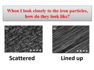 When I look closely to the iron particles,
how do they look like?
Lined upScattered
 