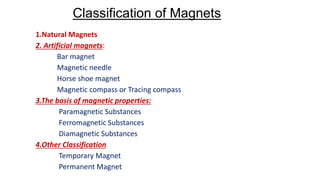 Classification of Magnets
1.Natural Magnets
2. Artificial magnets:
Bar magnet
Magnetic needle
Horse shoe magnet
Magnetic compass or Tracing compass
3.The basis of magnetic properties:
Paramagnetic Substances
Ferromagnetic Substances
Diamagnetic Substances
4.Other Classification
Temporary Magnet
Permanent Magnet
 