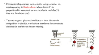 • Conventional appliances such as coils, springs, elastics etc,
react according to Hookes Law, where, force (F) is
proportional to a constant such as the elastic modulus(E),
time and the distance (d).
• The rare magnets give maximal force at short distance in
comparison to elastics, which attain maximum force on more
distance for example on mouth opening.
 