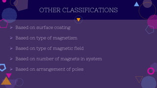 OTHER CLASSIFICATIONS
 Based on surface coating
 Based on type of magnetism
 Based on type of magnetic field
 Based on number of magnets in system
 Based on arrangement of poles
 