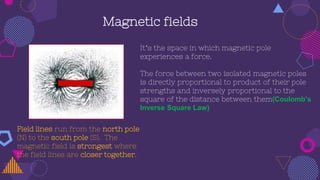Magnetic fields
It’s the space in which magnetic pole
experiences a force.
The force between two isolated magnetic poles
is directly proportional to product of their pole
strengths and inversely proportional to the
square of the distance between them(Coulomb’s
Inverse Square Law)
Field lines run from the north pole
(N) to the south pole (S). The
magnetic field is strongest where
the field lines are closer together.
 