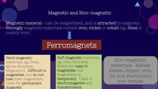 Magnetic and Non-magnetic
Magnetic material – can be magnetized, and is attracted to magnets.
Strongly magnetic materials contain iron, nickel or cobalt (eg. Steel is
mainly iron).
Ferromagnets
Hard magnetic
materials, eg. Steel,
alloys (Alcomax,
Magnadur). Difficult to
magnetise, but do not
lose their magnetism.
Used for permanent
magnets.
Soft magnetic materials,
eg. Iron, Mumetal.
Relatively easy to
magnetise, but
magnetism is
temporary. Used in
electromagnets and
transformers.
Non-magnetic
materials. Metals
(brass, copper, zinc,
tin and aluminium);
non-metals.
 