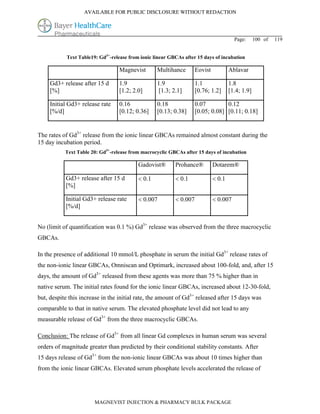 AVAILABLE FOR PUBLIC DISCLOSURE WITHOUT REDACTION




                                                                                        Page:      100 of   119


            Text Table19: Gd3+-release from ionic linear GBCAs after 15 days of incubation

                                  Magnevist        Multihance        Eovist           Ablavar

     Gd3+ release after 15 d      1.9              1.9               1.1              1.8
     [%]                          [1.2; 2.0]       [1.3; 2.1]        [0.76; 1.2]      [1.4; 1.9]

     Initial Gd3+ release rate    0.16             0.18              0.07         0.12
     [%/d]                        [0.12; 0.36]     [0.13; 0.38]      [0.05; 0.08] [0.11; 0.18]


The rates of Gd3+ release from the ionic linear GBCAs remained almost constant during the
15 day incubation period.
           Text Table 20: Gd3+-release from macrocyclic GBCAs after 15 days of incubation

                                           Gadovist®       Prohance®          Dotarem®

           Gd3+ release after 15 d          0.1            0.1               0.1
           [%]

           Initial Gd3+ release rate        0.007          0.007             0.007
           [%/d]


No (limit of quantification was 0.1 %) Gd3+ release was observed from the three macrocyclic
GBCAs.

In the presence of additional 10 mmol/L phosphate in serum the initial Gd3+ release rates of
the non-ionic linear GBCAs, Omniscan and Optimark, increased about 100-fold, and, after 15
days, the amount of Gd3+ released from these agents was more than 75 % higher than in
native serum. The initial rates found for the ionic linear GBCAs, increased about 12-30-fold,
but, despite this increase in the initial rate, the amount of Gd3+ released after 15 days was
comparable to that in native serum. The elevated phosphate level did not lead to any
measurable release of Gd3+ from the three macrocyclic GBCAs.

Conclusion: The release of Gd3+ from all linear Gd complexes in human serum was several
orders of magnitude greater than predicted by their conditional stability constants. After
15 days release of Gd3+ from the non-ionic linear GBCAs was about 10 times higher than
from the ionic linear GBCAs. Elevated serum phosphate levels accelerated the release of




                        MAGNEVIST INJECTION & PHARMACY BULK PACKAGE
 