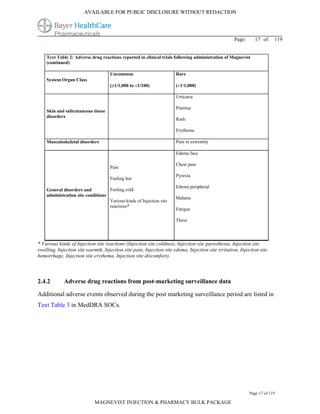 AVAILABLE FOR PUBLIC DISCLOSURE WITHOUT REDACTION




                                                                                                    Page:     17 of      119


    Text Table 2: Adverse drug reactions reported in clinical trials following administration of Magnevist
    (continued)

                                    Uncommon                          Rare
    System Organ Class
                                    (1/1,000 to 1/100)              (1/1,000)

                                                                      Urticaria

                                                                      Pruritus
    Skin and subcutaneous tissue
    disorders
                                                                      Rash

                                                                      Erythema

    Musculoskeletal disorders                                         Pain in extremity

                                                                      Edema face

                                                                      Chest pain
                                    Pain
                                                                      Pyrexia
                                    Feeling hot
                                                                      Edema peripheral
    General disorders and          Feeling cold
    administration site conditions
                                                                      Malaise
                                   Various kinds of Injection site
                                   reactions*
                                                                      Fatigue

                                                                      Thirst




* Various kinds of Injection site reactions (Injection site coldness, Injection site paresthesia, Injection site
swelling, Injection site warmth, Injection site pain, Injection site edema, Injection site irritation, Injection site
hemorrhage, Injection site erythema, Injection site discomfort).



2.4.2        Adverse drug reactions from post-marketing surveillance data

Additional adverse events observed during the post marketing surveillance period are listed in
Text Table 3 in MedDRA SOCs.




                                                                                                            Page 17 of 119

                             MAGNEVIST INJECTION & PHARMACY BULK PACKAGE
 