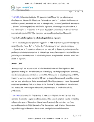 AVAILABLE FOR PUBLIC DISCLOSURE WITHOUT REDACTION




                                                                              Page:      41 of     119


Text Table 6 illustrates that in the 321 cases in which Magnevist was administered,
Omniscan was also used in 90 patients; Optimark was used in 13 patients; Multihance was
used in 11 patients; Prohance was used in seven patients; Gadovist (gadobutrol) was used in
3 patients, Dotarem (gadoterate) was used in 6 patients, and an as yet unidentified GBCA
was administered to 58 patients. In 96 cases, the product administered in closest temporal
association to onset of NSF-like symptoms was something other than Magnevist.

Time to Onset of symptoms in relation to gadolinium exposure

Time to onset of signs and symptoms suggestive of NSF in relation to gadolinium exposure
ranged from the “same day” or “within days” of exposure to years later (in one case,
11.5 years), and in 74 cases was unknown or not reported. In 4 cases, symptoms seemed to
predate gadolinium administration. In 166 patients, onset of symptoms occurred within one
year of a gadolinium exposure. In 76 of these patients, symptom onset occurred within one
month of exposure.

Disease Onset

Although Bayer has received some isolated and sometimes anecdotal reports of NSF
symptoms starting in a patient as early as 1998 (relying for example on patients’ memories),
first documented onsets date back to about 2000. At that point in time (beginning of 2000),
Magnevist had been on the market for 12 years in dozens of countries all around the world,
and had been administered during approximately 31 million procedures (more than most of
the currently marketed GBCAs to date). As the first GBCA, Magnevist was the most used
and studied MR contrast agent in the world, and the subject of countless scientific
publications.

Text Table 7 illustrates the year of onset of NSF-like symptoms for the 321 cases that
currently document a Magnevist administration. If the year of symptom onset is completely
unknown, the year of diagnosis or biopsy is used. Although the cases have only been
received beginning in 2006, diagnosis of the disease dates back to before the time that
anyone had suggested a connection between it and gadolinium administration.


                                                                                      Page 41 of 119

                      MAGNEVIST INJECTION & PHARMACY BULK PACKAGE
 